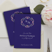 Monogram Blue Intricate Floral Frame Wedding Ankündigung