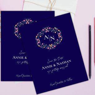 Monogram Blue Intricate Floral Frame Wedding Ankündigungspostkarte