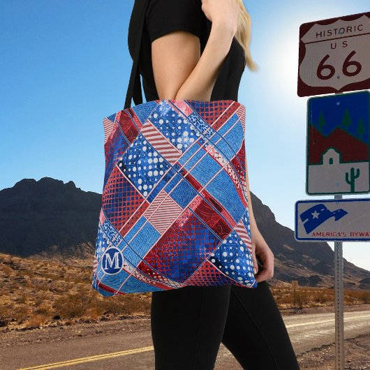 Monogram Blue Jeans Patchwork Pattern Tote Bag Tasche