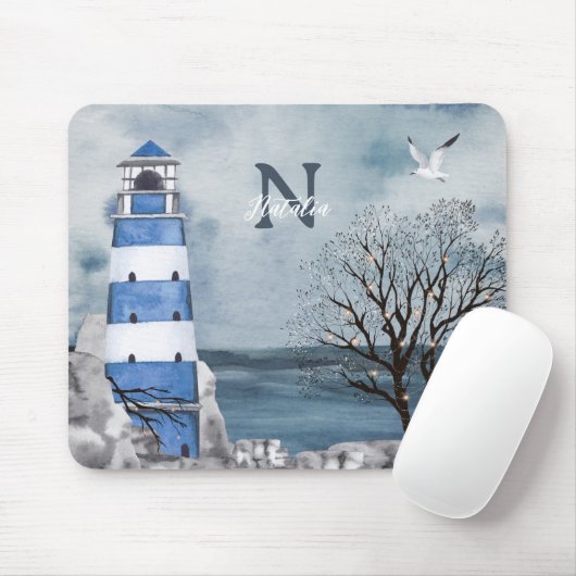 Monogram Blue Lighthouse Wasserfarbe Kunst Mousepad (Mit Mouse)