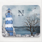 Monogram Blue Lighthouse Wasserfarbe Kunst Mousepad (Vorne)