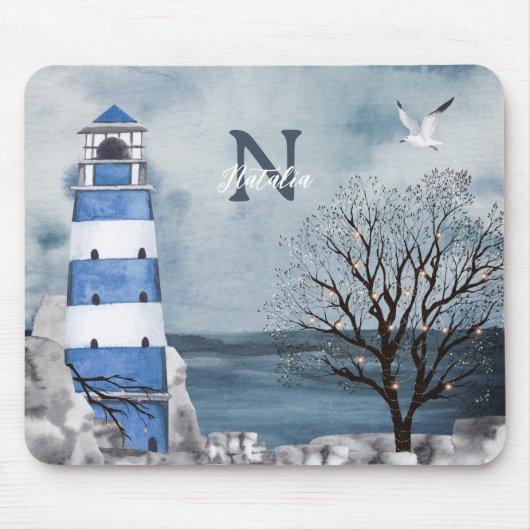 Monogram Blue Lighthouse Wasserfarbe Kunst Mousepad (Vorne)