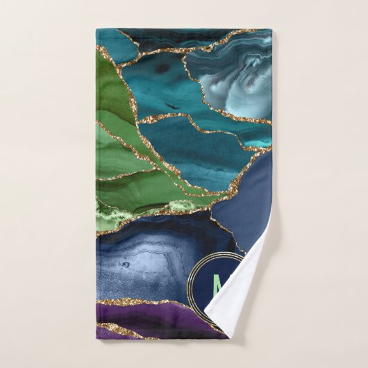 Monogram Blue Lila Green Agate Gold Glitzer Badhandtuch Set (Handtuch)