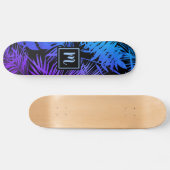 Monogram blue lila ombre leaf cool modern skateboard (Horizontal)
