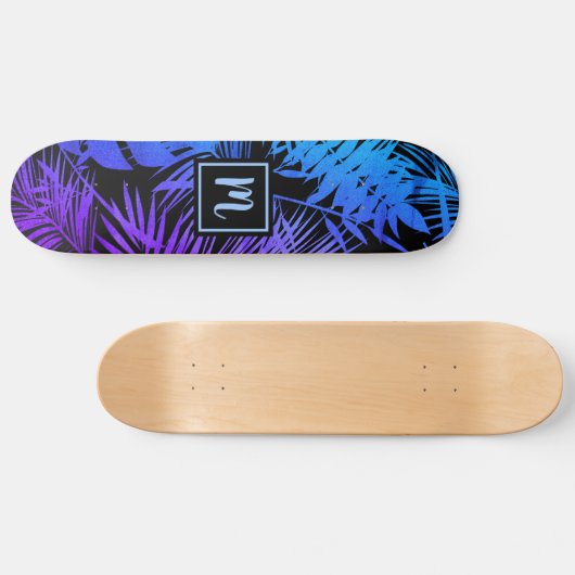 Monogram blue lila ombre leaf cool modern skateboard (Horizontal)