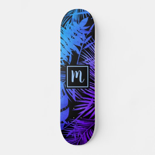 Monogram blue lila ombre leaf cool modern skateboard (Vorderseite)