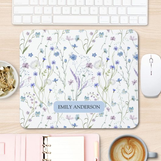 Monogram Blue Lila Wildblume Floral Pattern Mousepad