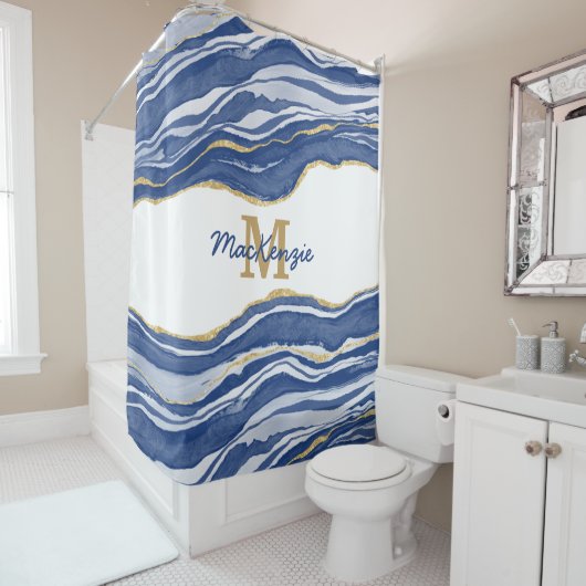 Monogram Blue Marble Agate Gold Glitzer Duschvorhang (Beispiel)