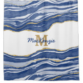 Monogram Blue Marble Agate Gold Glitzer Duschvorhang (Vorderseite)