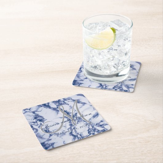 Monogram Blue Marble Design Rechteckiger Pappuntersetzer (Vor Ort)