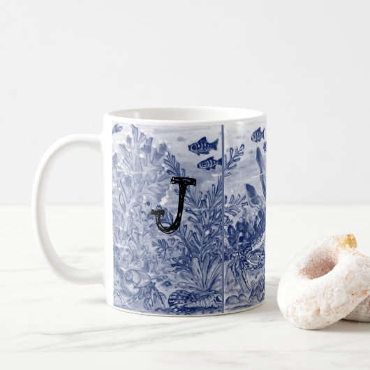Monogram Blue Meereswelt Ocean Coasty Beachy Einzi Kaffeetasse (Mit Donut)