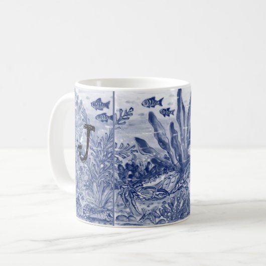 Monogram Blue Meereswelt Ocean Coasty Beachy Einzi Kaffeetasse (Vorderseite Links)
