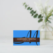 Monogram blue Modern Leather Look Visitenkarte (Stehend Vorderseite)