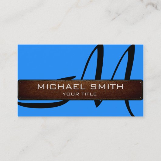 Monogram blue Modern Leather Look Visitenkarte (Vorderseite)
