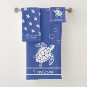 Monogram Blue n White Sea Turtle Nautic Badhandtuch Set