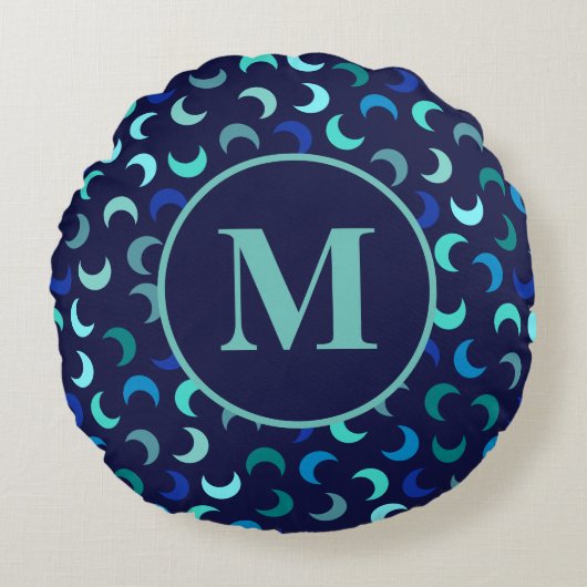 Monogram Blue New Moon Muster Rundes Kissen (Vorderseite)