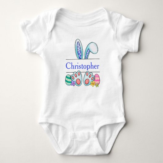 Monogram Blue Oaster Bunny Baby Boy's Osterfest Baby Strampler (Vorderseite)