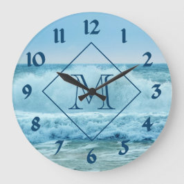 Monogram Blue Ocean Waves Crashing on Beach Große Wanduhr