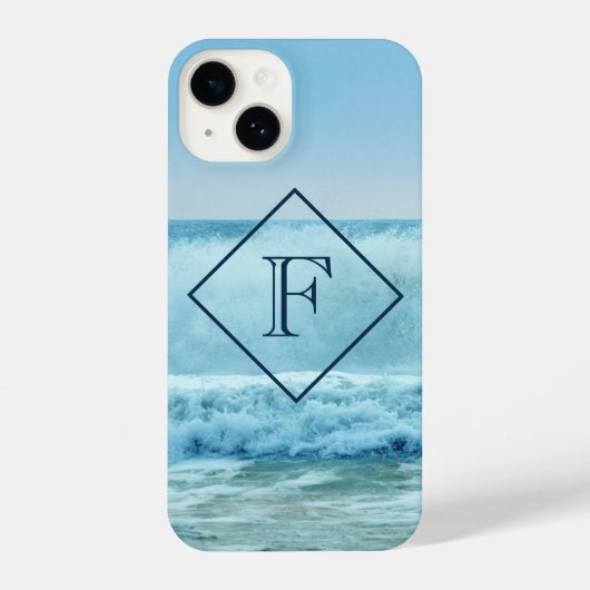 Monogram Blue Ocean Waves Crashing on Beach iPhone Hülle (Rückseite)