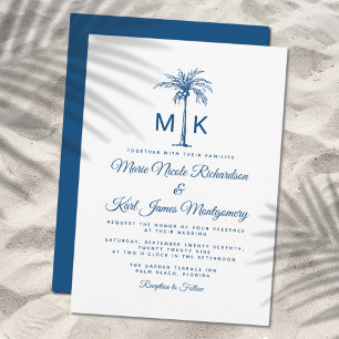 Monogram Blue Palm Tree Formal Beach Wedding Einladung