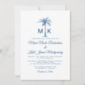 Monogram Blue Palm Tree Formal Beach Wedding Einladung (Vorderseite)