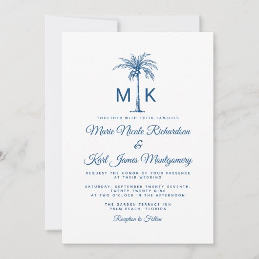 Monogram Blue Palm Tree Formal Beach Wedding Einladung (Vorderseite)