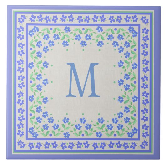 Monogram Blue Periwinkles Floral Border Imitats Li Fliese (Vorderseite)