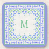 Monogram Blue Periwinkles Floral Border Imitats Li Getränkeuntersetzer (Vorderseite)