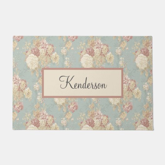 Monogram Blue Pink White Floral Hütte Core Fußmatte (Vorderseite)