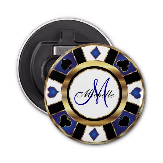 Monogram Blue Poker Chip Design Flaschenöffner (Vorderseite)
