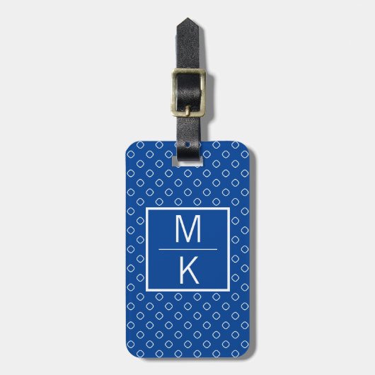 Monogram Blue Polka Squares Splitter Gepäckanhänger (Vorderseite vertikal)