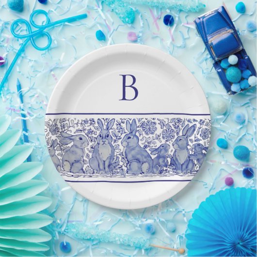 Monogram Blue Rabbit Animal Whimsical Custom Pappteller (Party)
