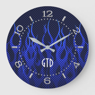 Monogram Blue Racing Flammen auf Carbon Fibre Prin Große Wanduhr