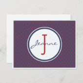 Monogram Blue & Red Quatrefoil Trellis Muster Postkarte (Vorne/Hinten)