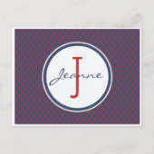 Monogram Blue & Red Quatrefoil Trellis Muster Postkarte (Vorderseite)