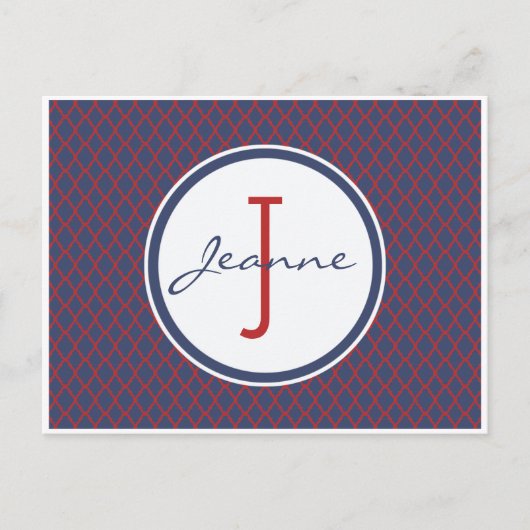 Monogram Blue & Red Quatrefoil Trellis Muster Postkarte (Vorderseite)