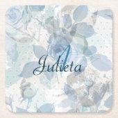 Monogram Blue Rose Luxus Rechteckiger Pappuntersetzer (Vorderseite)