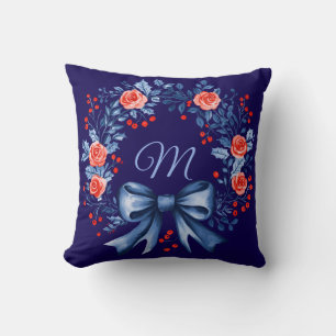 Monogram Blue Rote Rose Christmas Kissen