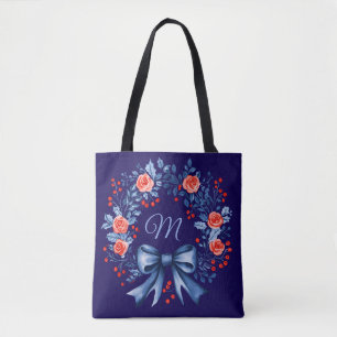 Monogram Blue Rote Rose Christmas Tasche