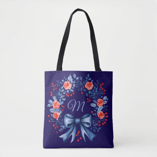 Monogram Blue Rote Rose Christmas Tasche (Vorderseite)