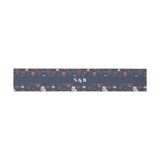 Monogram Blue Rust Floral Wedding Einladungsbanderole (Flach)