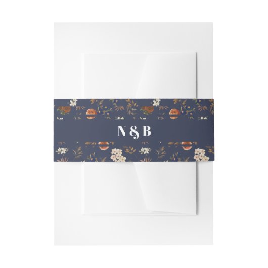 Monogram Blue Rust Floral Wedding Einladungsbanderole (Vorderseite Beispiel)