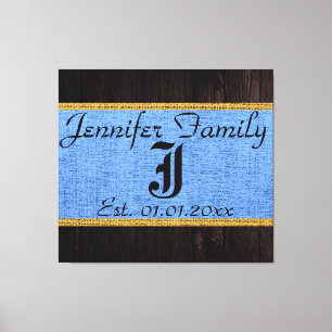 Monogram Blue Rustic Burlap Linen Wood Look Leinwanddruck