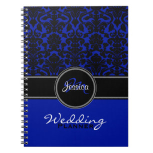 Monogram Blue Schwarz-weiß Damask Hochzeitsplaner Notizblock