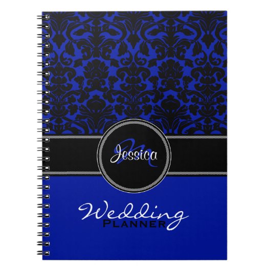 Monogram Blue Schwarz-weiß Damask Hochzeitsplaner Notizblock (Vorderseite)