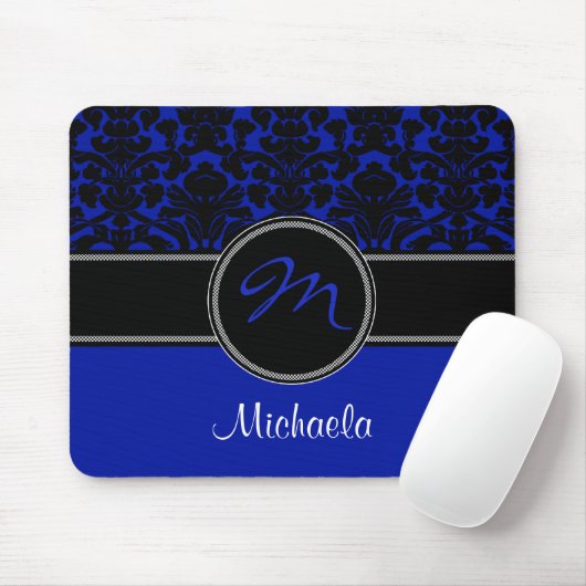 Monogram Blue Schwarz-weiß Damask Mousepad (Mit Mouse)