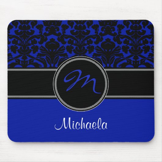 Monogram Blue Schwarz-weiß Damask Mousepad (Vorne)