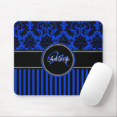 Monogram Blue Schwarz-weiß Stripe Damask Mousepad (Mit Mouse)