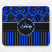 Monogram Blue Schwarz-weiß Stripe Damask Mousepad (Vorne)