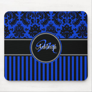 Monogram Blue Schwarz-weiß Stripe Damask Mousepad